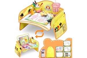 Jojoin Doppeltseitiger Kinder Reisetisch, Aufhängbares Knietablett mit Abnehmbarer Tablet-Tasche und Seitentaschen, Multifunktional Einstellbar Esstisch Spieltisch Autositz - Gelb (Tiermuster)