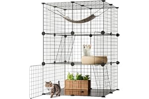 The Fellie Cat Cage Indoor Enclosure, 3-Tier Cat Cage Playpen Box, DIY Cat Crate Playpen Detachable Metal Wire Kennel, Large Exercise Place Ideal for 1-2 Cat,Rabbit,Ferret,Small Animals, 75x75x110cm