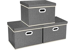 TYEERS Grande Boîte de Rangement avec Couvercle, Motif, Tissu, Lavable, Rangement Tissu, 44x30x29 cm, Lot de 3, Gris Foncé