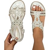 Sandals Womens Summer Elegant Boho Flat Sandals with Rhinestone Glitter T-Strap Summer Shoes Flip Flops Soft Soles Comfortable Sandals Leisure Elastic Band Slingback Beach Sandals