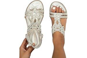 DWEVKEFUL Sandali Donna Estive - Eleganti Sandali Gioiello Comode Bassi Sandalo con Strass Bohemia Flip Flops Mare Ciabatte Open Toe Tacco Basso Gladiatore Sandalo