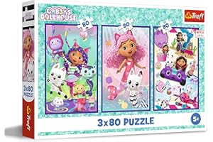 Trefl – Puzzle 3 en 1 : Gabby's Dollhouse, des journées Pleines de Couleurs de Gabby - 3 x 80 Pièces, Ensemble de Trois Puzzles pour Les Enfants à partir de 5 Ans