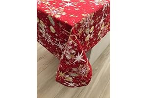 1KDreams Tovaglia Natalizia. Sfondo rosso palline stelle e foglie oro. Design Classico in chiave Moderna. (130 x 240 cm)