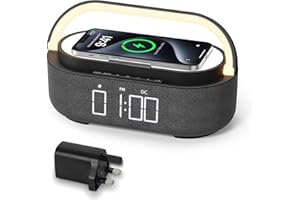 COLSUR Radiobudzik cyfrowy z bezprzewodową ładowarką, głośnik Bluetooth z ładowarką USB, inteligentny budzik, funkcja drzemki, indukcyjna stacja ładująca, lampka nocna, ściemniany wyświetlacz LED i