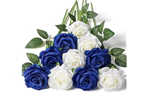 Floralsecret 12 Pcs Artificial Silk Rose Flower Bouquet Faux Flowers（White&Blue）