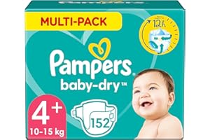 Pampers Couches Taille 4+ (10-15 kg), Baby-Dry, 152 Couches Bébé, Pack 1 Mois, Jusqu'à 12h Bien Au Sec et Avec Double-Barrière Anti-Fuites