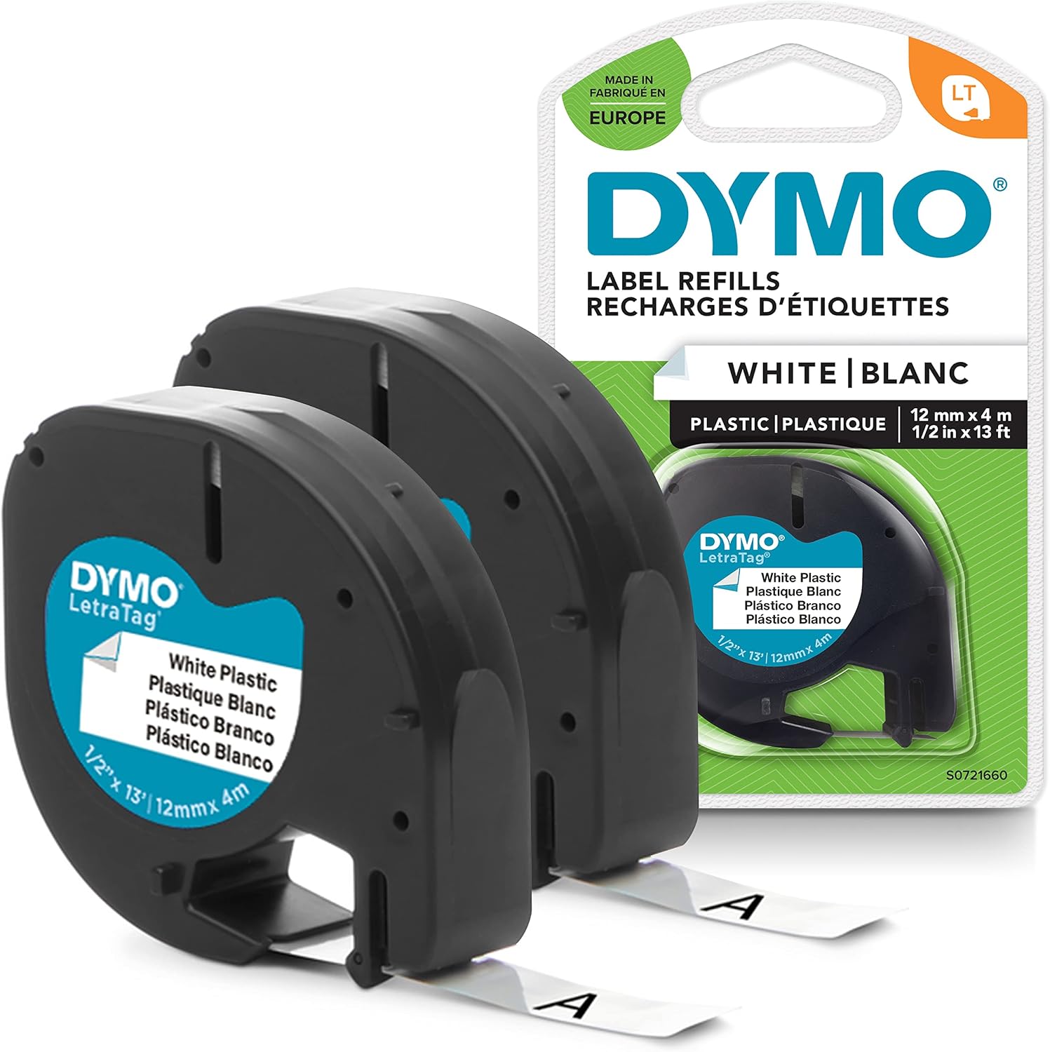 DYMO LetraTag Étiquettes en Plastique Authentique | 12 mm x 4 m | Noir sur Blanc | Étiquettes autocollantes pour étiqueteuse DYMO LetraTag | 2 étiquettes