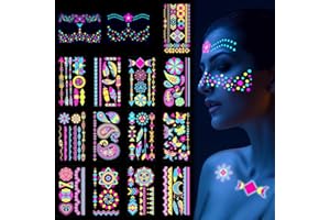 VEGCOO Tatuajes Temporales y Cara de Gemas, 15 Hojas Neón Tatuajes Temporales Adultos, Pegatinas Cara Brillantes Fluorescente UV Cuerpo Cara Tatuaje Pegatinas para Fiesta Festival
