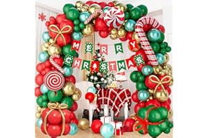 DOOFE Christmas Balloon Arch Kit, 134Pcs Xmas Balloon Garland with Red Green Gold Balloons Candy Cane Balloons and Green Red Banner, Christmas Indoor Outdoor Decorations for Xmas Winter Holiday Party