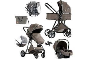 Nine point nine Carrito Bebe 3 en 1, Carricoche Bebe 3 Piezas con Capazo Grande Cómodo, Carro Bebe 3 Piezas Empuje Bidireccional Reversible, Cochecito Bebe Marco de Aleación Aluminio (V9 Chocolate)