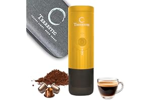 Terrestic Machine à expresso électrique portable Dose + étui de transport rigide – pour café moulu et capsules Nespresso, fonctionne sur batterie et charge USB-C, pour voiture, camping (Jaune mat)