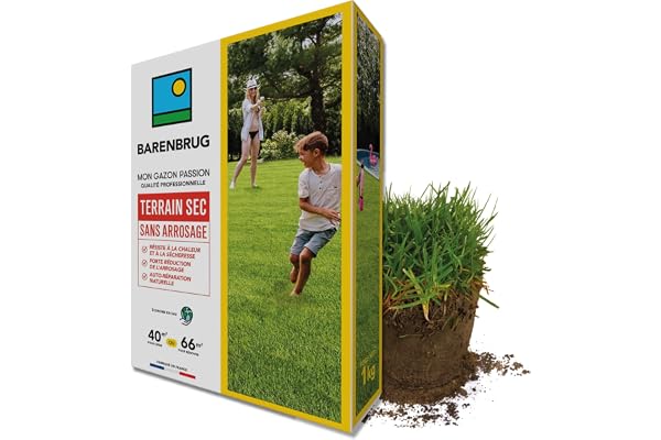 Barenbrug - Gazon Terrain Sec sans arrosage - Résiste à la Chaleur et à la Sécheresse - Forte Réduction de l’Arrosage - Autoréparation Naturelle - Économe en Eau - Fabriqué en France - 1KG