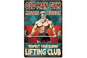 GLOBLELAND Letrero de metal de Old Man Fitness con texto en inglés "Old Man Gym Masters División", letreros de lata de pintura vintage, 12 x 8 pulgadas, póster retro para decoración del hogar, oficina