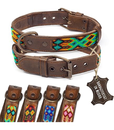Dog With A Mission Handgefertigtes Hundehalsband Größe S - Boho/Hippie Style, Blau-Rot Mit Perlen, Aus Weichem Echtleder, 2 Cm Breit