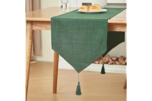 WAITER TREE Linen Style Table Runner with Tassels Washable Rustic Farmhouse Dresser Scarf for Dining Table Coffee Living Room Decor Christmas Thanksgiving (Dark Green, 35 x 240cm)
