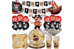 OMZSXK Piraten Geburtstag Deko Set,80 Stück pirat Partygeschirr mit Große Piratenschiff Folienballon Partyzubehörset,Pirate Pappteller Tassen Servietten banner Luftballon Piratenschiff Skelett Deko 20 Gäste