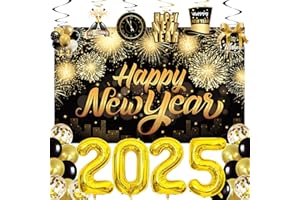LECONCES New Years Eve Party Decoration 2025, Large happy New Year Background Banner, New Years Hanging Swirls Decorations, XXL 2025 Foil Balloons, Latex Balloons, 2025 New Year Party Supplies