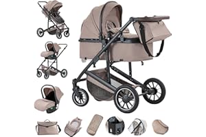 Gcarebb Cochecito 3 en 1, Cochecitos con asiento de coche, cochecito con mango ajustable en altura, cochecitos combinados de paisaje alto marco de aluminio adecuado para 0-4 años