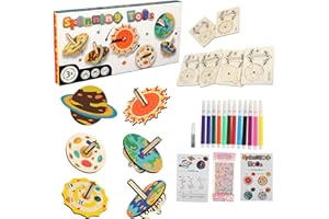 Strehknewen Kit Toupies en Bois pour Enfants, Set DIY 12 Pièces Planet Spinning Top à Peindre, Jouet Créatif en Bois pour Garçons et Filles 4-12 Ans