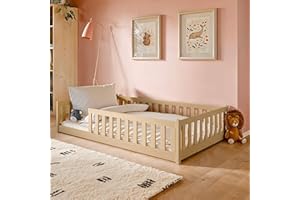 KIDS COLLECTIVE Lit d'enfant Lit de Sol 120x200 cm Lit avec Protection Contre Les Chutes & sommier Montessori Lit Lit à barreaux Enfants Lit d'adolescent Lit Simple | pin Naturel Bois Massif