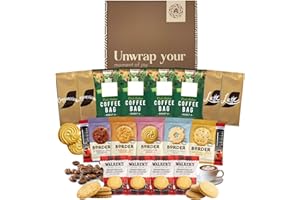 A AMOUSA Coffee Gift Set - This Coffee Hamper Includes 24x Items, featuring Coffeebags, Latte & Cappuccino Sachets, Border Biscuits & Walkers Shortbread. Food hamper gift set for men and women