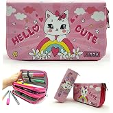 Limmy Pencil Case Kitty Cat Pattern Organizer Pencil Case Vegan Leather Three Compartment Pen Holder
