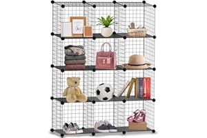 Knight 12 Cube Interlocking Storage Rack with Metal Wire Mesh Shelves Multifunctional Wire Fence Display Stand Unit Cabinet Large Capacity Free Rubber Mallet 123 x 93 x 31 cm Black