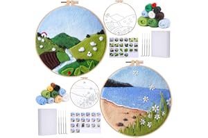 BUOKKON 2 Pack Needle Felting Kit, Needle Felting Tools for Beginner, Wool Felt Supplies with Instructions, Felting Needles, Wool, Embroidery Hoops for Home Decoration