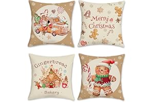 Bonhause Zestaw 4 poszewek na poduszki na Boże Narodzenie, piernik, 45 x 45 cm, dla mężczyzn, do domu, ciężarówki, piekarni, poliestru, lnu, dekoracyjne, na sofę, urlop zimowy