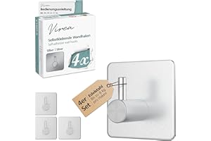 virea Self-Adhesive Wall Hooks No Drilling Set of 4 Waterproof Stainless Steel Adhesive Hooks Strong Adhesive Strength up to 8 kg Hooks for Bathroom and Kitchen etc. Bathrobe Hook Towel Hook
