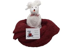 Frotteebox Geschenk Set Bär weiß in Handarbeit geformt aus Handtuch Bordeaux-rot und Wachhandschuh weiß für einen bärenstarken Geburtstag