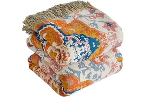 Bailix Premium boho-överkast, 100 % bomull, gosig filt med fransar, dubbelsidig muslin boho-filt, 230 x 250 cm, gosig soffilt och sängöverkast, sommarfilt för vardagsrum, orange och glasblå