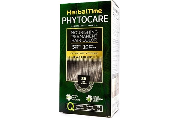 Herbal Time Phytocare Teinture permanente pour cheveux Blond cendré 8A | teinture capillaire naturelle professionnelle | Nourrissez et protégez vos cheveux | Sans ammoniaque, PPD et SLS | 124,5ml
