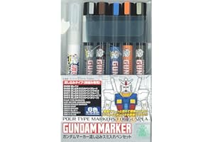 ‎GSI CREOS ＭＲ．ＨＯＢＢＹ＼ミスターホビー GMS122 Gundam Pouring Inking Pen Set, Pour Type, Filzstifte, Zum Bemalen von Gunpla, 5 Farben & GM300 Erasure Marker, 6er Set, Fein, Schwarz