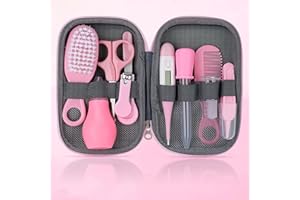VEHOUKLI Baby Grooming Kit, Portable Baby Essentials Set, 10pcs Newborn Healthcare Accessories with Hair Brush Comb Nail Clipper Thermometer for Nursery Infant Girls Boys(Pink)