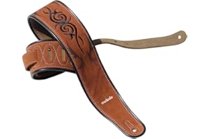 YUEKO Leathers - Correa de guitarra de cuero italiano suave de lujo, respaldo de gamuza súper suave, 2.5 pulgadas de ancho, longitud ajustable de 43.5 a 56 pulgadas, Rojo-Marrón