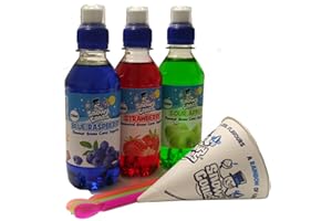 Snowycones Snow Cone Flavours 3 x 250ml Blue Raspberry Strawberry and Sour Apple 25 Paper Cones 25 Straw Spoons not Slush Puppie