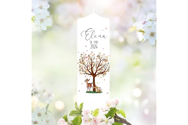 Bougie Baptême personnalisée Fille Garçon motif Arbre, Faon et Lapin – Cierge Baptême avec prénom, date et message – Cierge de parrainage – Bougie imprimée – Cadeau parrain marraine – 25 x 7 cm