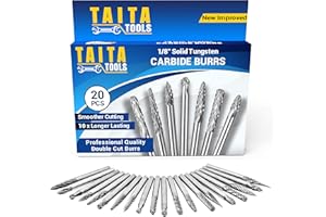 TAITATOOLS 20PC Carbide Double/Single Cut Burr Set - 3mm Shank, Rotary Tool Cutting Bits - Accessories for Dremel, Fordom, Flex Shaft, Dewalt And Multitools - For Wood Carving, Metal Working And Engraving.