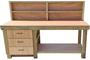 ARBOR GARDEN SOLUTIONS Wooden Workbench Eucalyptus Hardwood Top with 3x Drawer Tool Cabinet - Storage Shelf and Back Panel (6ft)