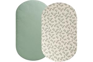 FADACUDAN Muslin Bassinet Sheet Compatible with Moses Basket, Silver Cross Stroller Bassinet, 2 Pack Cotton Stylish Boho Fitted Bassinet Sheets Super Soft for Baby Roman Green & Botanical Leaf