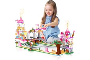 HOGOKIDS Freunde Achterbahn Baukasten - 711 Stück Vergnügungspark Baukasten Prinzessin Spielplatz Park Rosa Konstruktion Lernspielzeug Geschenk für Kinder Mädchen Jungen im Alter von 6 7 8 9 10 11