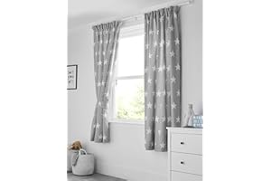 Bloomsbury Mill - Kids Curtains for Boys & Girls Bedroom - Grey & White Stars - Lined Curtain Pair with Tiebacks - Nursery Curtains for Childrens Baby Room - 66X72 inch drop (168x183cm)
