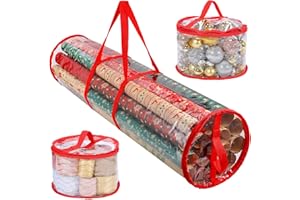 CENSEN Christmas Wrapping Paper Storage Bag Fits 14 to 20 Standard Rolls, 2 Pieces Xmas Ribbon Organizer 40 Rolls Clear Ribbon Holder with Dual Zips Carry Handle Slim Design Underbed for Holiday, 40 Inch