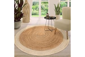 TT Home Tappeto Fibra Naturale Juta Soggiorno Rotondo Etnico Boho Fatto A Mano Bordura, Colore:Ivory, Dimensione:160 cm Rund