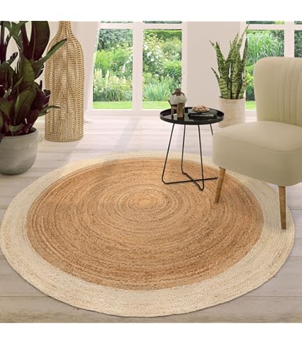 Paco Home Vloerkleed Rond Woonkamer Jute Boho Ethno Handgemaakt Natuurlijk Vloerkleed, Maat: 100 cm rondje, Kleur:Ivoor