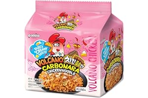 Paldo Volcano Carbonara Chicken Noodles 130g x 8 Packets (Bag of 2) - Bold Fusion of Creamy Carbonara & Fiery Spice | Instant Korean Ramen Multipack