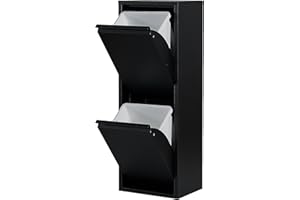 Atahome Recycling Bins for Kitchen Metal Slim Trash Bin Cabinet 2 Bins Plastic Buckets with Metal Handles, 2x15 Litres Bin Divider Storage Organiser, Sturdy Rubbish Bin Aphrodisias 2 Drawer (Black)