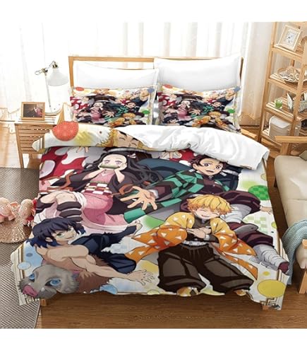 Parure De Lit Demon Slayer LIAOHENKAN Anime 3D Demon Slayer Housse De Couette 3D Imprimé Pour Adultes Et Enfants Housses De Couettes Avec Taies Microfibr Parure De Lit E Avec Fermeture À