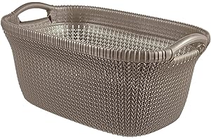 Curver Panier à Linge 40L, Aspect Tricot - Bac à Linge Propre et Sale - Poignées Ergonomiques - Corbeille pour Salle de Bain ou Buanderie - 59,5 x 38,5X 27 cm - Marron